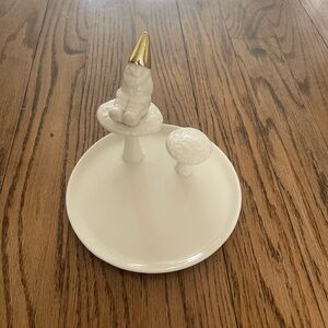White Ceramic Plate with Gold-Tipped Gnome & Mushroom Jewelry Tray
